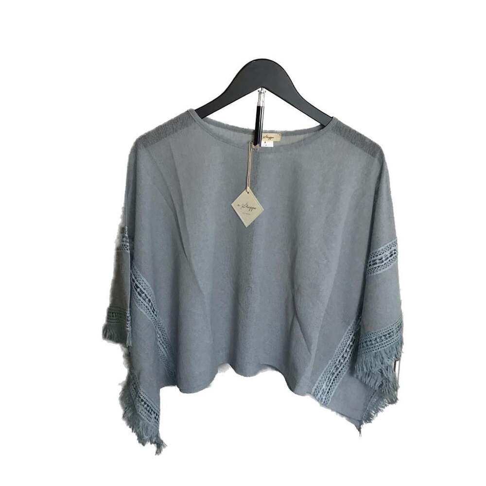 Fallon Embroidered Lace Sleeve Tassel Poncho Top Dusty Blue Small boho